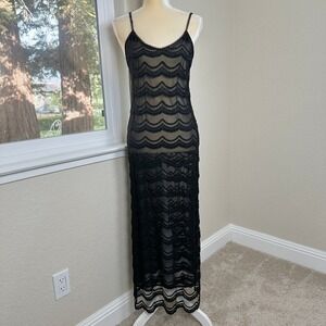 Vintage FM Lingerie Black Lace Maxi Dress Womens SP Spaghetti Strap‎ Night Out